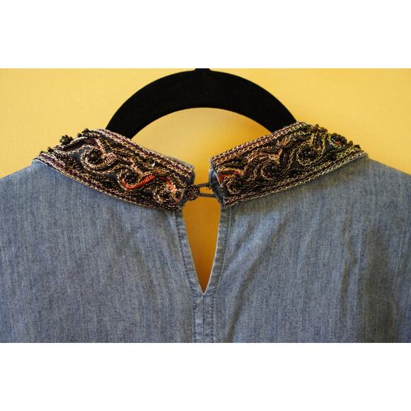 Abito Vintage Casual Denim Button Shirt Beaded Jacquard Collar Blue Small - Picture 4 of 10